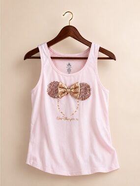 Disney Minnie Mouse Rose Gold Sequin Bow Tank Top Pink Theme Park Adult S